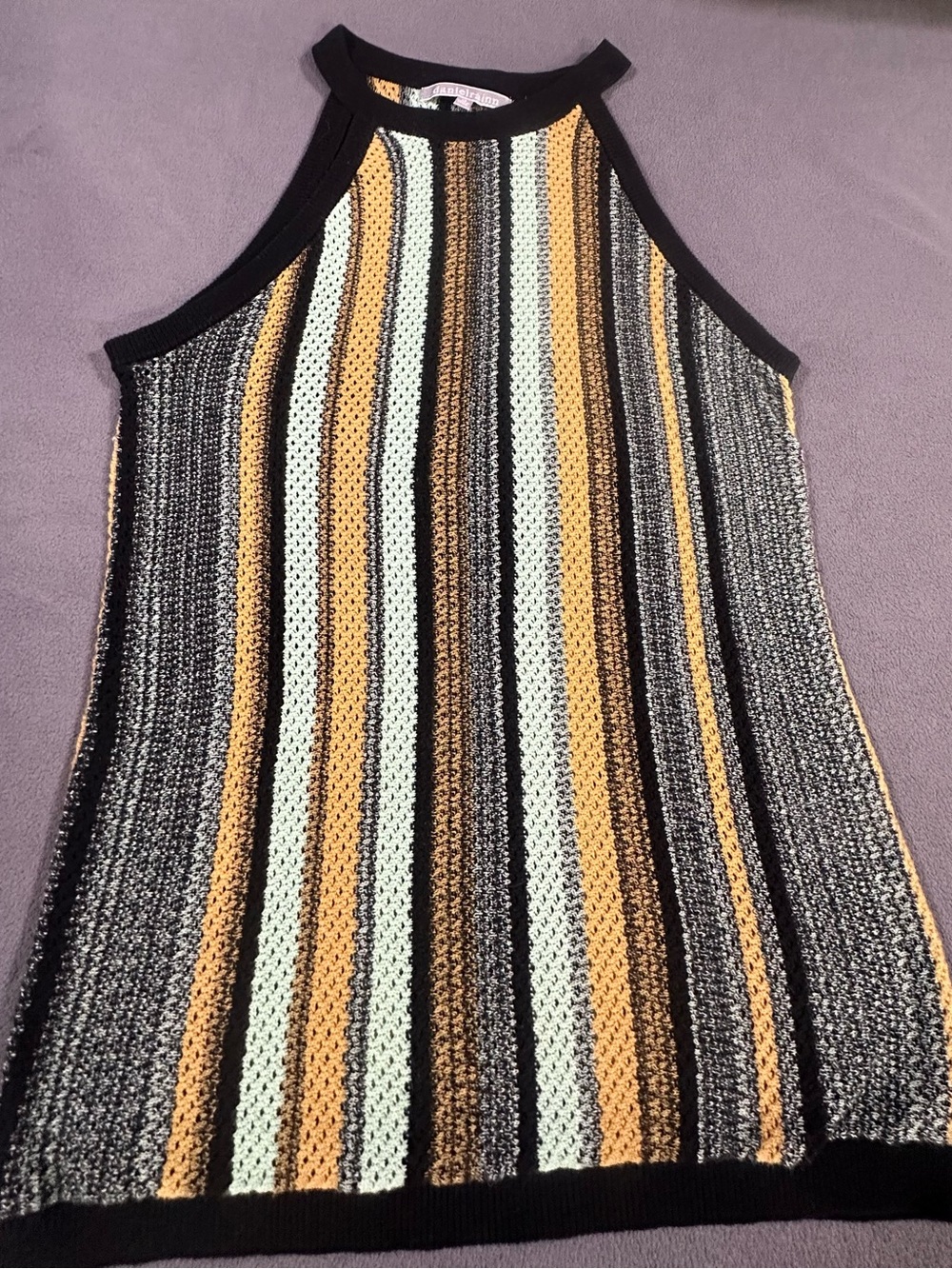 Daniel Rainn Striped Halter Tank Top - Black, Yellow & Mint